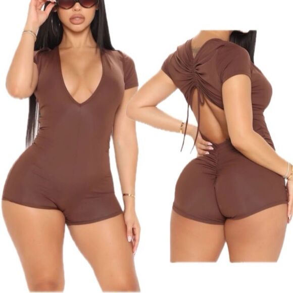 Fashion Nova Pants - Fashion Nova Open-Back Plunge Ruched Romper